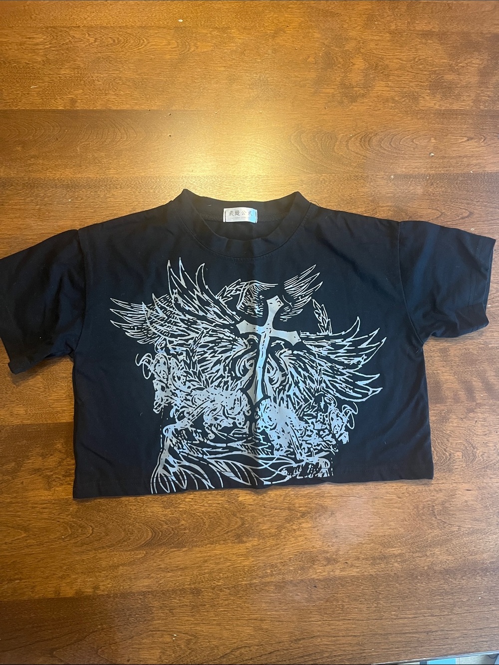 Black Graphic Cross Wings Tee Cropped